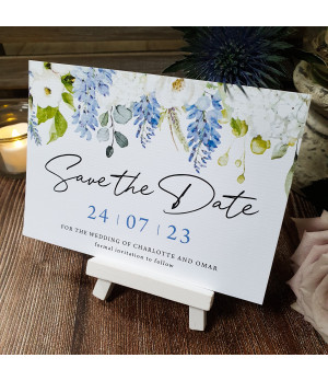 Romantic dusty blue Save the Date cards with floral design, perfect for elegant and timeless weddings.