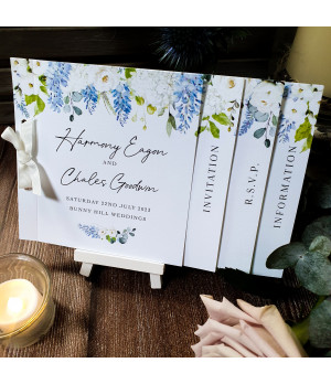 Dusty blue wedding invitations, elegant floral stationery for timeless weddings.