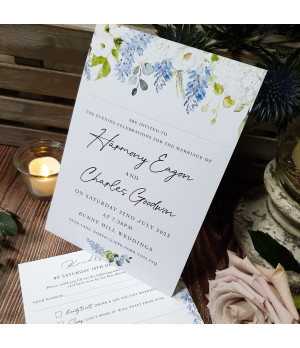 Dusty blue floral wedding invitations, personalised stationery for classic, romantic weddings.