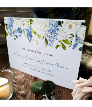 Romantic dusty blue wedding Order of Service featuring elegant floral design for your special day.