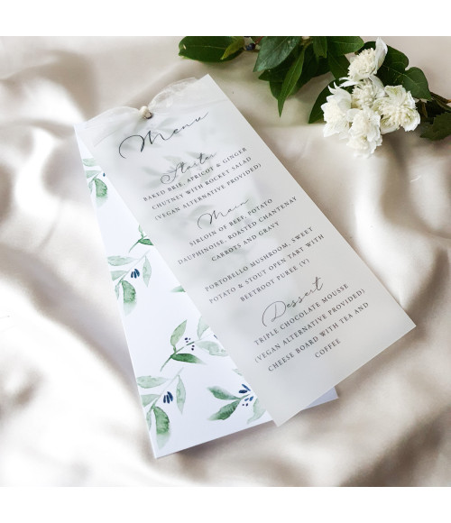 Olive leaf wedding stationery collection with matching invitations, menus and table details.