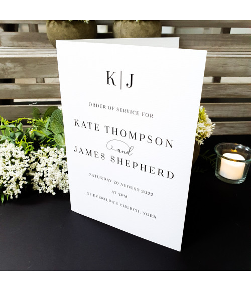 Wedding order of service, modern black and white with monogram