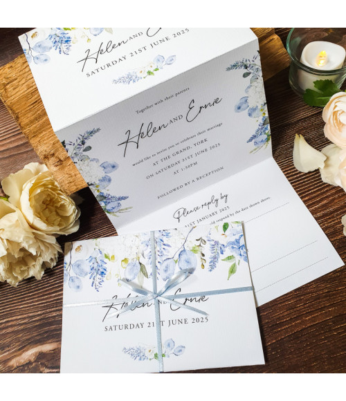 Personalised dusty blue concertina wedding invitation, handmade in North Yorkshire for your special day.