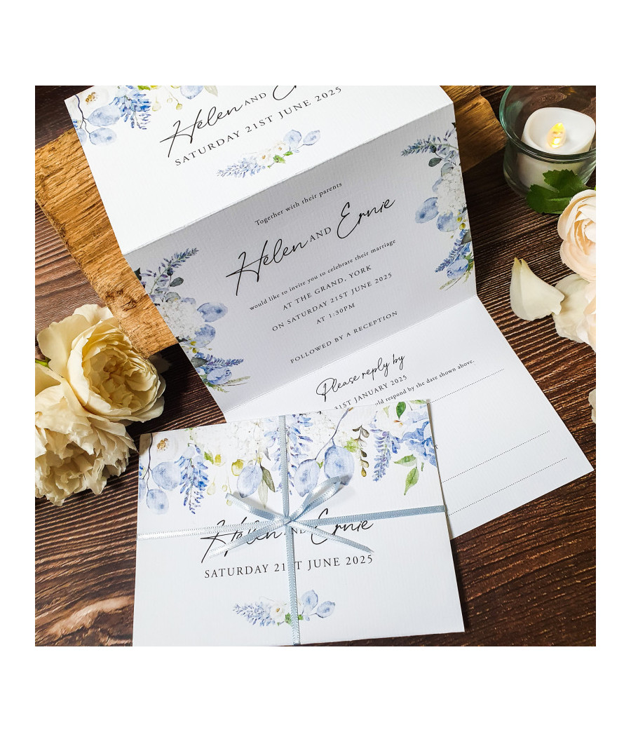 Personalised dusty blue concertina wedding invitation, handmade in North Yorkshire for your special day.