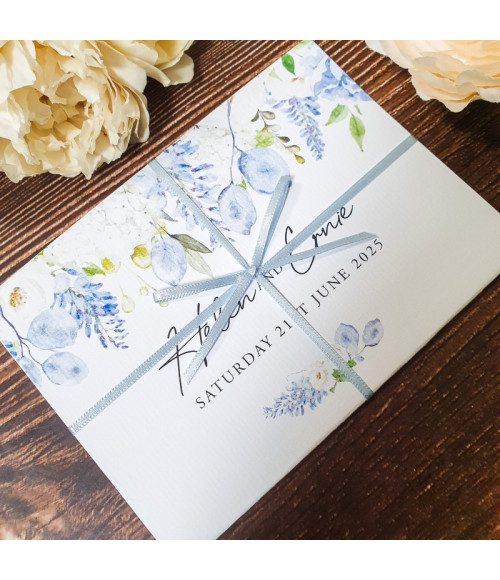 Elegant dusty blue day wedding invitation featuring a folding concertina design and personalised details.