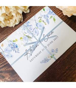 Elegant dusty blue day wedding invitation featuring a folding concertina design and personalised details.
