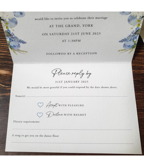 Folded dusty blue concertina wedding invitation with an elegant personalised front cover.