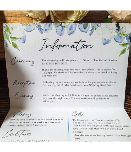 Dusty blue wedding invitation and detachable RSVP card, professionally printed and handmade in the UK.