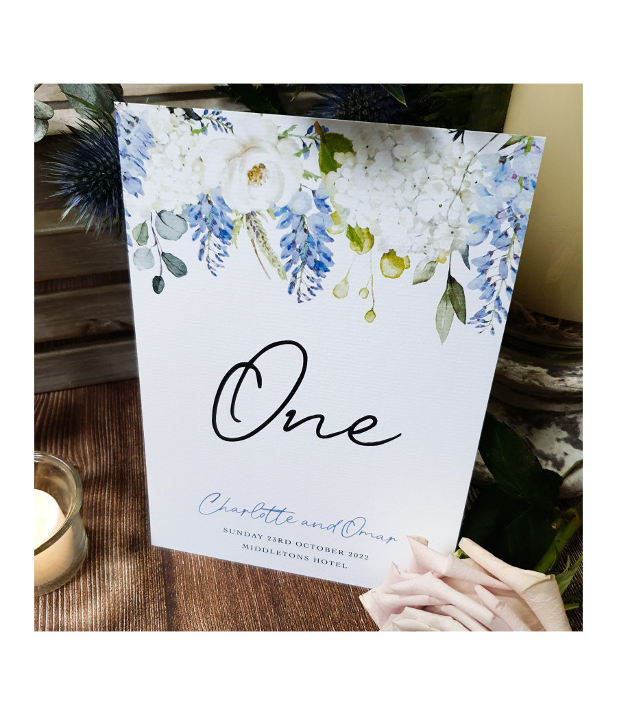 Personalised dusty blue wedding table number card, printed on both sides for an elegant reception table.