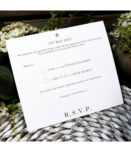 Close-up of black wedding invitation with textured card and refined typography