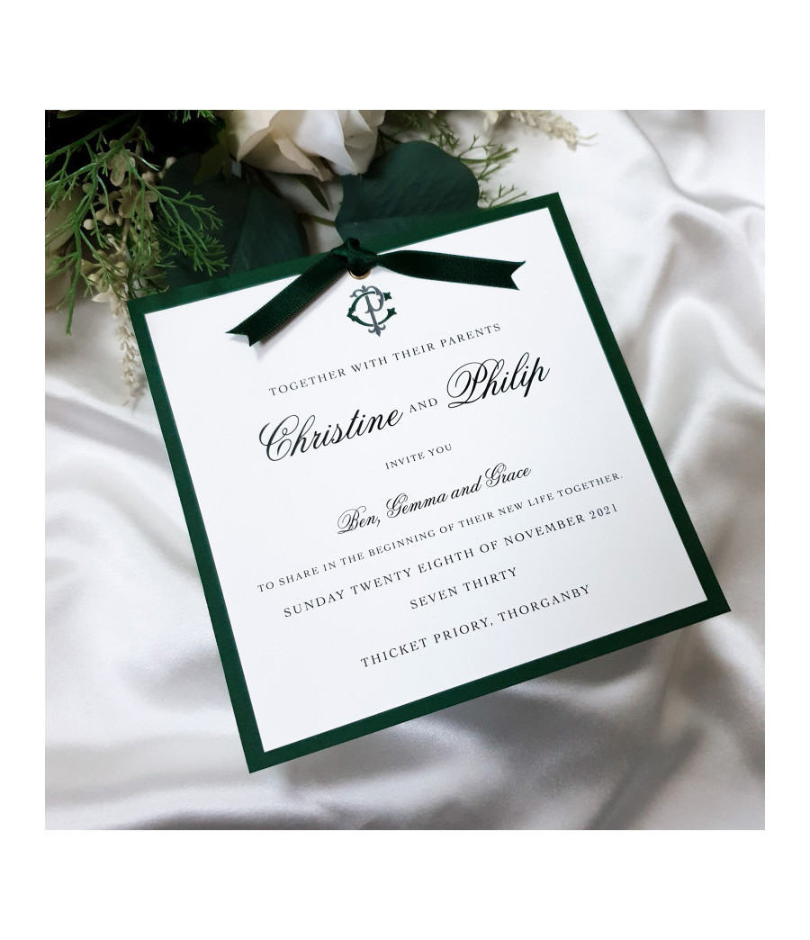 Luxury forest green evening wedding invitation with satin ribbon and personalised monogram design