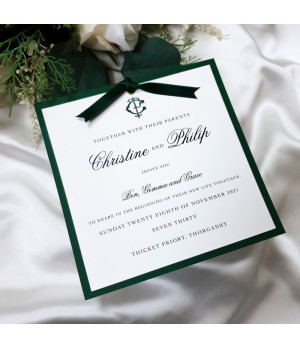 Luxury forest green evening wedding invitation with satin ribbon and personalised monogram design