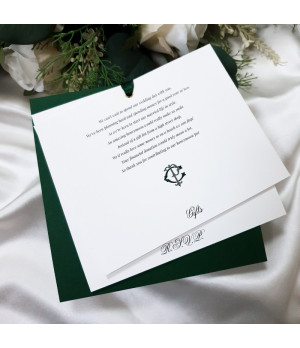 Signature forest green wedding invitation folder with premium layered card finish
