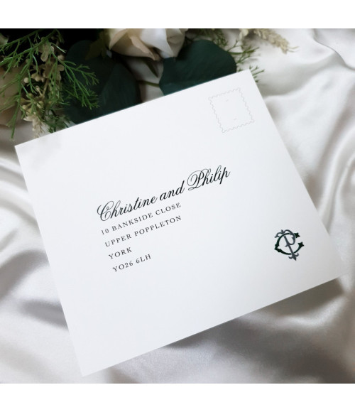 Personalised forest green wedding invitation suite with monogram initials and refined finish