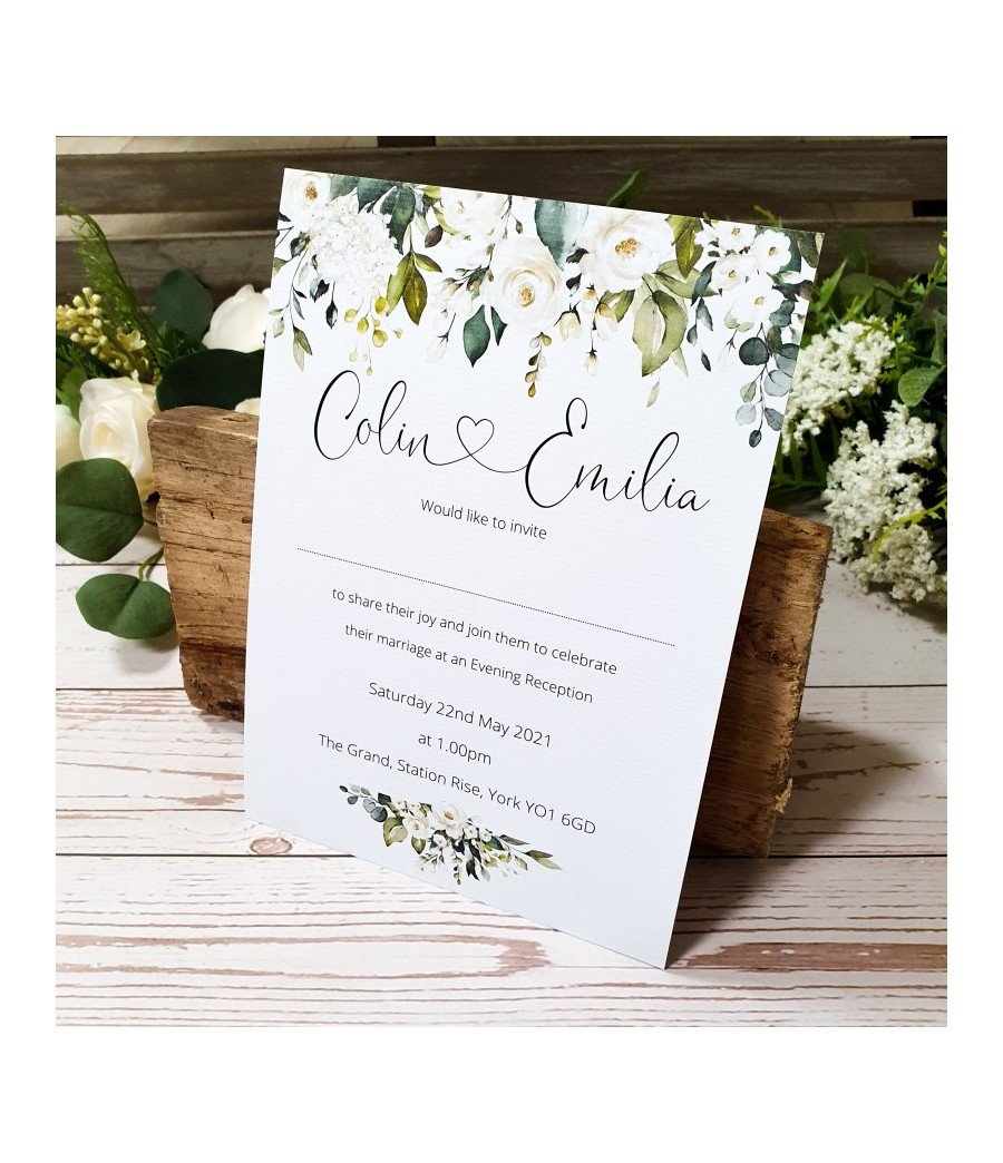 Personalised Concertina White Roses evening wedding invitation with elegant floral design.