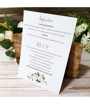White Roses evening invitation for classic, romantic and garden weddings.