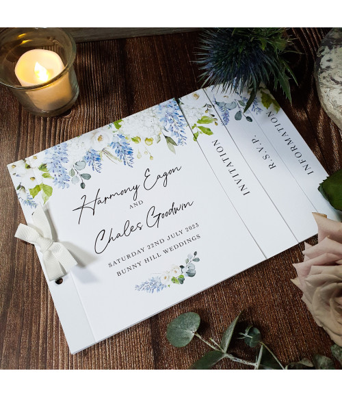 Personalised Affinity Dusty Blue wedding invitation with elegant floral design.