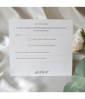 Personalised evening wedding invitations in pearl white and dusty rose with luxury ribbon finish.