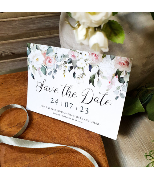 Affinity Blush Roses personalised save the date cards with elegant blush floral design