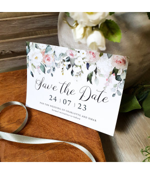Affinity Blush Roses personalised save the date cards with elegant blush floral design