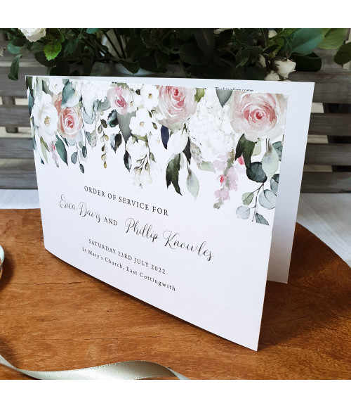 Affinity Blush Roses personalised wedding order of service booklet with elegant blush floral design