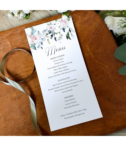Affinity Blush Roses personalised wedding menu with elegant blush roses and white floral design