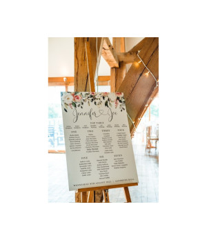 Elegant personalised wedding seating plan with blush rose design and custom table layout