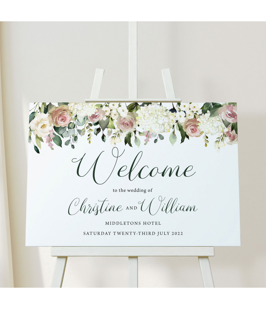 Personalised Affinity Blush Roses wedding welcome sign with elegant floral design for wedding entrances.