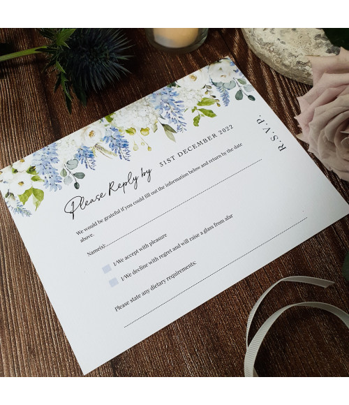Affinity Dusty Blue wedding invitation with timeless botanical styling.