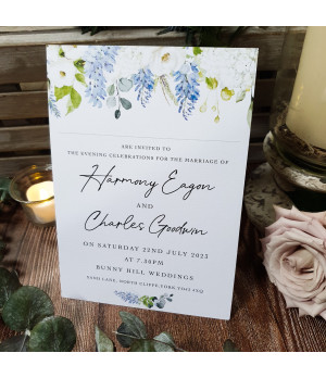 Romantic floral wedding invitation with dusty blue and white botanical artwork