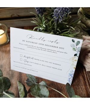 UK luxury wedding stationery set featuring dusty blue floral theme and greenery