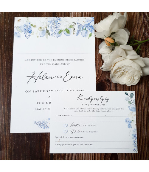 Dusty blue evening wedding invitations personalised with the couple’s names, wedding date and reception details.