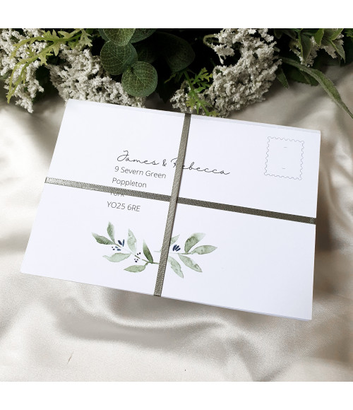 Sage green Wedding invitation, concertina fold with olive leaves and branches tied with a bow and postcard rsvp card