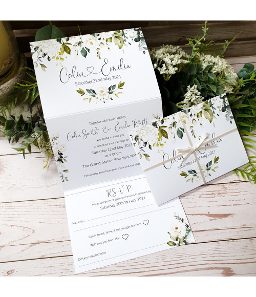 Personalised White Roses wedding invitation sample printed on premium textured cardstock.