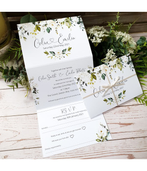 Personalised White Roses wedding invitation sample printed on premium textured cardstock.