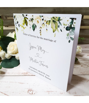 Concertina wedding invitation sample showcasing elegant white rose floral artwork.