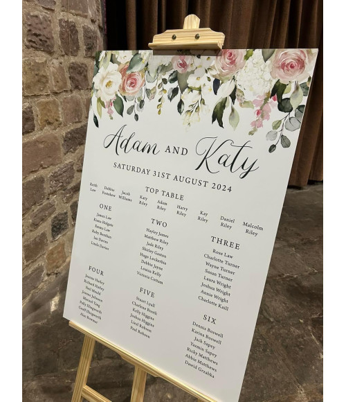 Personalised Affinity Blush Roses wedding table plan with elegant floral seating chart design