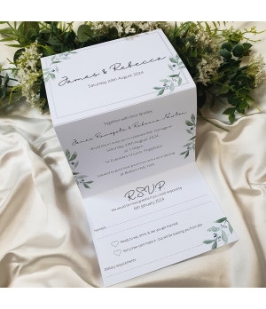 Sage green Wedding invite, concertina fold with olive leaves and branches tied with a bow and postcard rsvp card