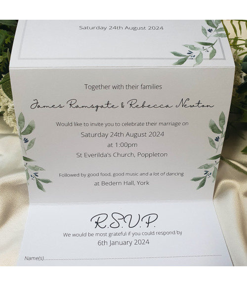 Sage green Wedding invitation, concertina fold with olive leaves and branches tied with a bow and postcard rsvp card