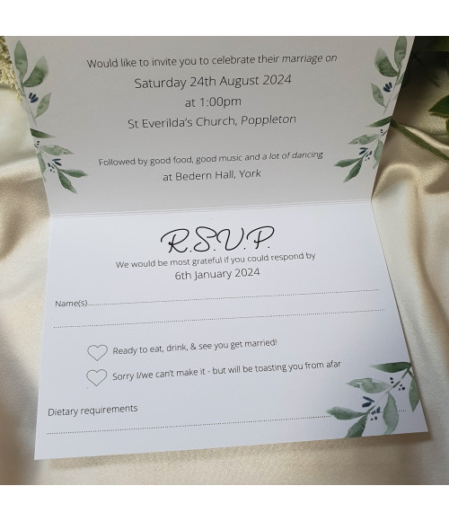 Sage green Wedding invitation, concertina fold with olive leaves and branches tied with a bow and tear off postcard rsvp card