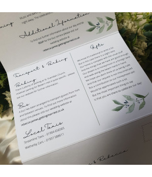 Wedding invitation, concertina fold with olive leaves and branches tied with a bow and postcard rsvp card