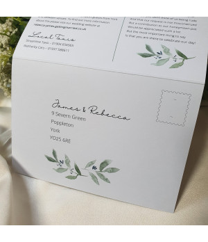 Sage green Wedding invitation tied with a bow and postcard rsvp card by hearts and twine