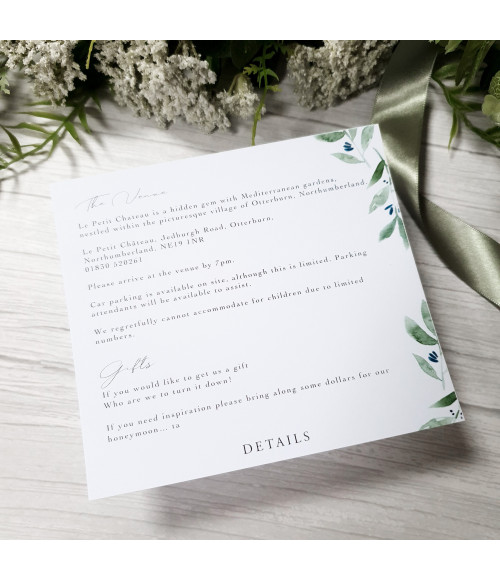 Close-up of olive leaf greenery illustration on wedding invitation card