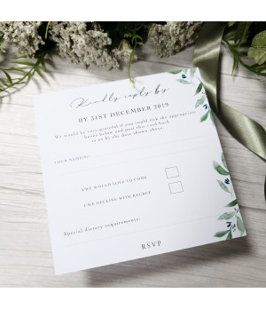 Matching RSVP postcard included in olive leaf wedding invitation suite