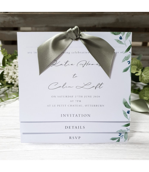 Elegant olive leaf wedding invitation with botanical greenery design on luxury white card