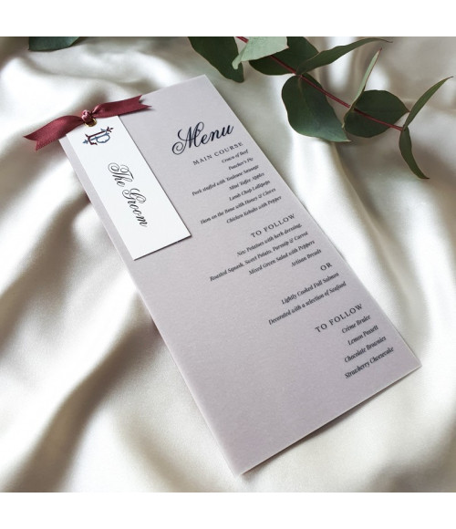 Luxury dusky pink wedding menu printed on premium cardstock to complement your coordinated stationery suite.