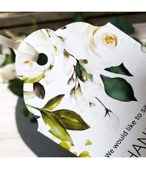 Luxury White Roses wedding favour tag featuring delicate botanical flowers and greenery.