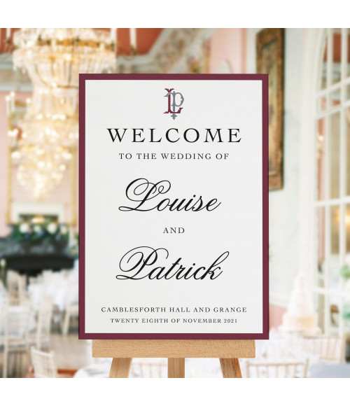 Luxury dusky pink wedding welcome sign with personalised couple names.