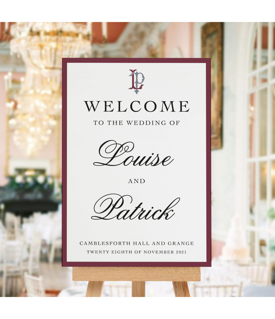 Luxury dusky pink wedding welcome sign with personalised couple names.