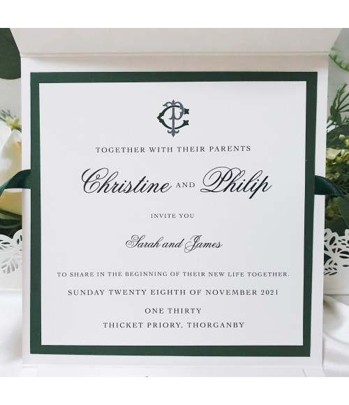Traditional Forest Green Wedding Invitation with monogram, ribbon, information card, rsvp card and gifts card